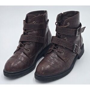 Brown Faux Croc Embossed Buckle Lace Up Ankle Boots Chunky Sole Combat Style
